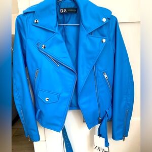 Zara blue Moto vegan leather jacket with belt trims